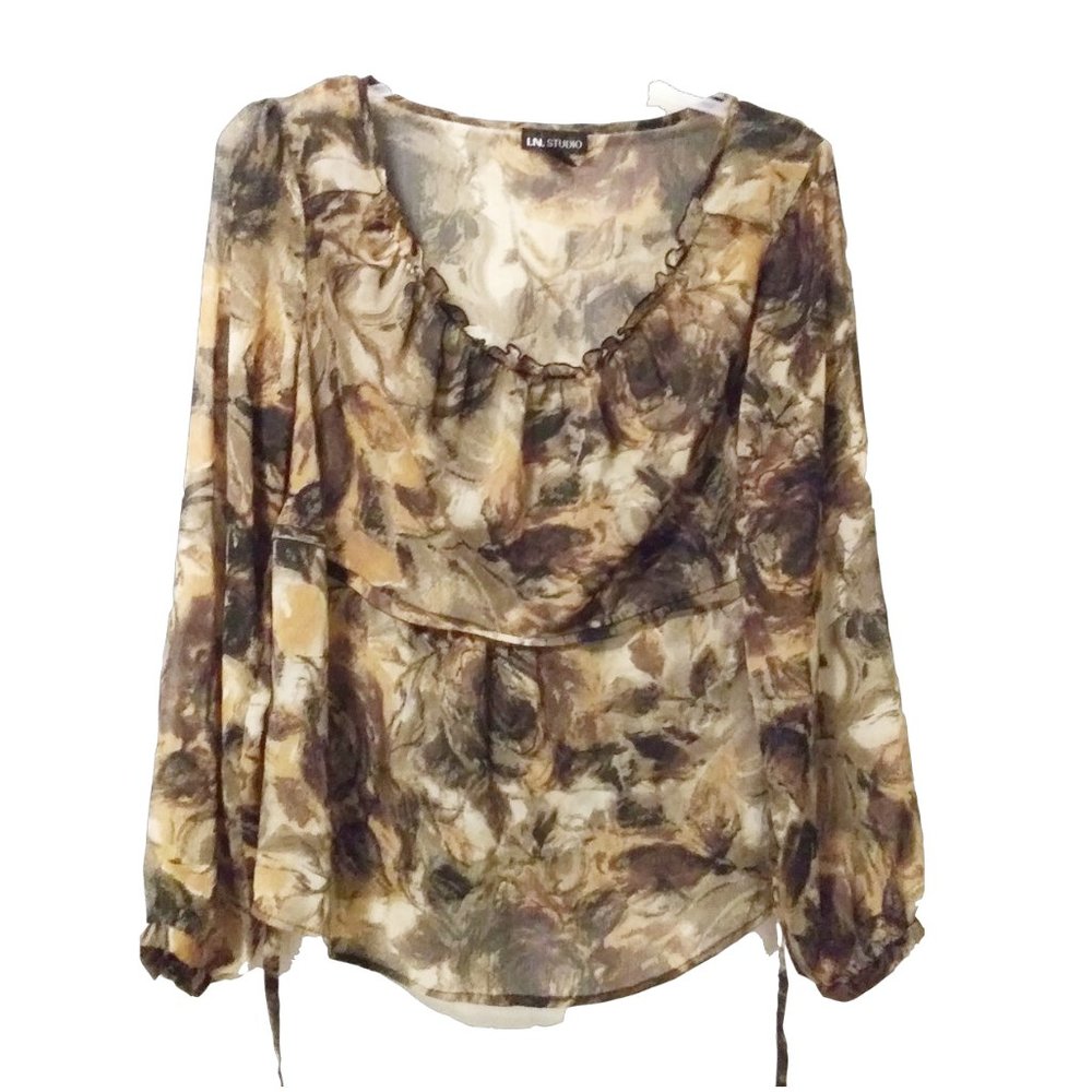 I.N. STUDIO Brown Floral Sheer Long Sleeve Tie Waist Ruffle Neck Blouse …